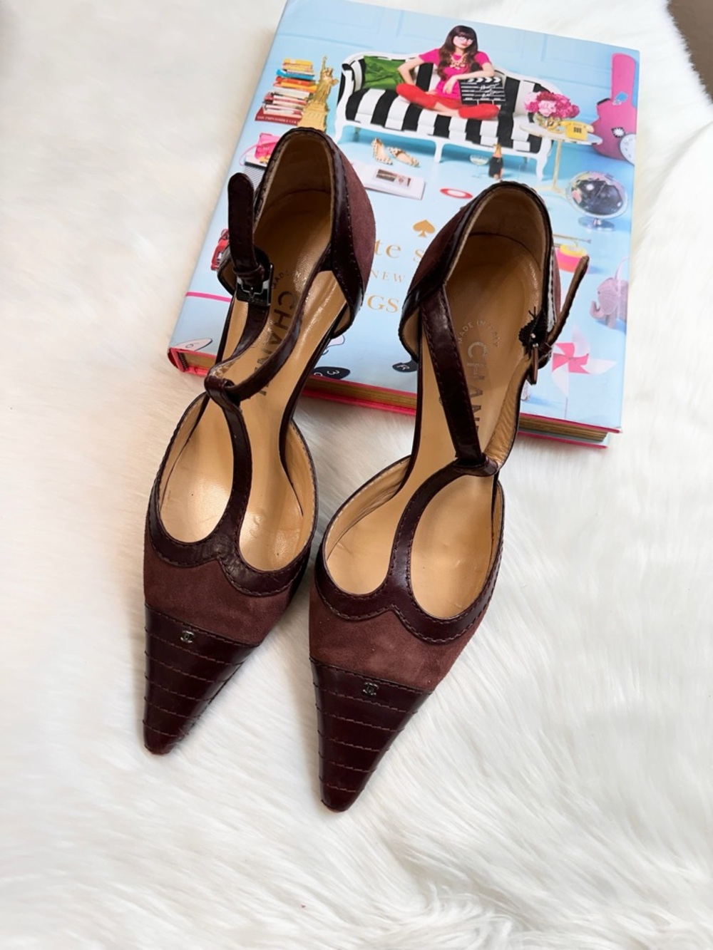 Authentic CHANEL Burgundy Suede and Leather T-Strap Pointed Pumps